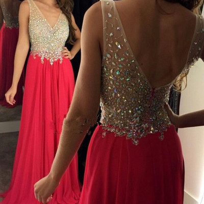 Red chiffon sequin long prom dress for teens, evening dress,sexy formal dress - Thumbnail 5