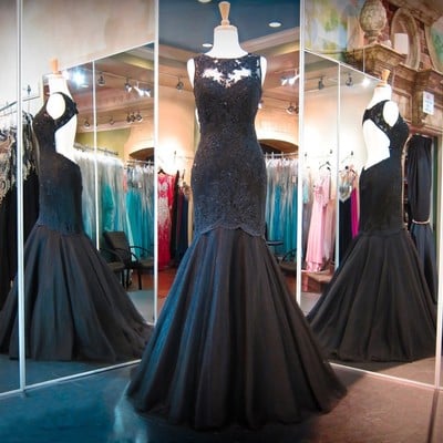 Open back black tulle long mermaid evening dress, formal lace prom dress - Thumbnail 5