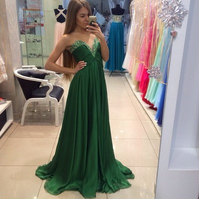 2016 charmin green long dresses for prom with hand beading and pleat chiffon a-line evening party dresses  