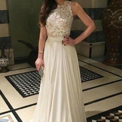A-line lace top high neck chiffon long prom dress,elegant prom dress,sexy prom dress with sleeveless 