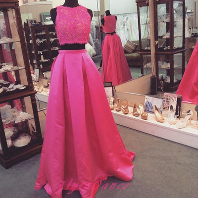 New fashion two piece prom dresses 2016 hot pink lace prom dress, long satin evening dress for teens