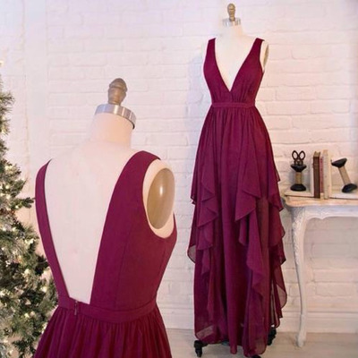 Sexy long chiffon burgundy prom dresses,deep v-neck prom dress,open back evening dresses,simple cheap long prom gowns on sale