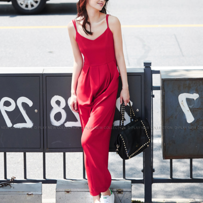 De roma fashion d play red v neck jumpsuit d510626 - Thumbnail 3