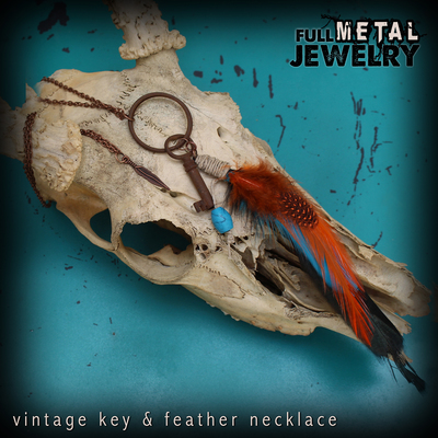 Vintage Key & Feather Necklace