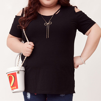 XL-4XL Gray/Black/Pink Plus Size Shoulder Off T-Shirt SP166561 - Thumbnail 3