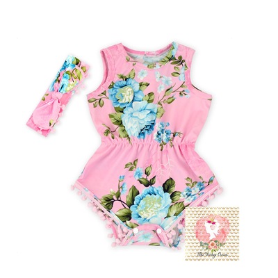 Pink floral pixie pom pom romper set