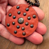 Salvaged Leather Pendant with Bronze Studs - Thumbnail 3