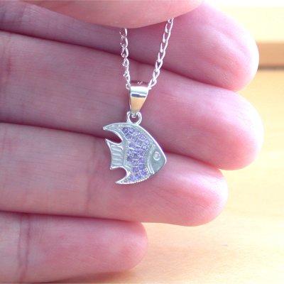 925 cz purple fish pendant & 18" sterling silver chain/cz fish necklace/fish jewelry/fish jewellery/fish jewelery/tropical fish necklace