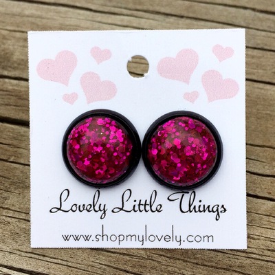 12mm hot pink glitter studs with black setting 