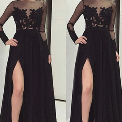 Sexy slit  prom dresses,black a-line bateau floor-length chiffon prom dresses evening dresses 8780 - Thumbnail 4