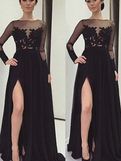 Sexy Slit  prom dresses,Black A-line Bateau Floor-length Chiffon Prom Dresses Evening Dresses 8780