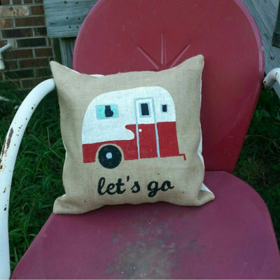 Vintage camper burlap pillow cover