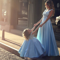 prom dresses blue,Blue A-line V-neck Floor-length Satin Evening Dress Prom Dresses 8868 - Thumbnail 1