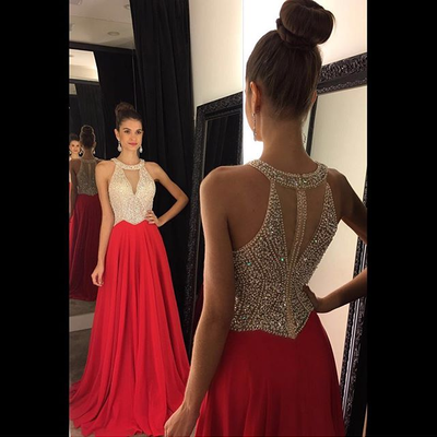 Beading prom dresses,red a-line scoop floor-length chiffon evening dress prom dresses 9600