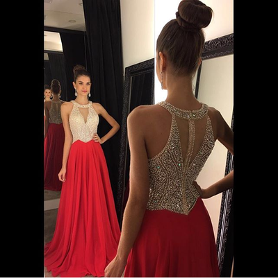 beading prom dresses,Red A-line Scoop Floor-length Chiffon Evening Dress Prom Dresses 9600