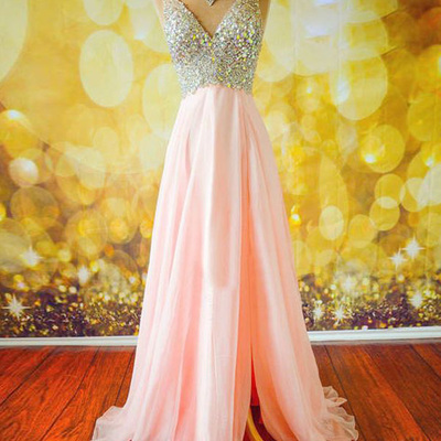 Sexy prom dresses,pink a-line v-neck floor-length chiffon evening dress prom dresses 9601