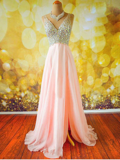 sexy prom dresses,Pink A-line V-neck Floor-length Chiffon Evening Dress Prom Dresses 9601