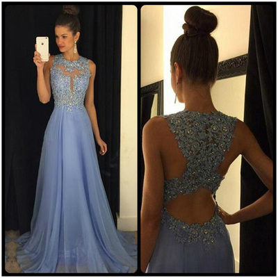 Light sky blue prom dresses,a-line scoop floor-length chiffon evening dress prom dresses 9602