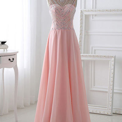 Pink prom dresses,pink a-line scoop floor-length chiffon evening dress prom dresses 9605