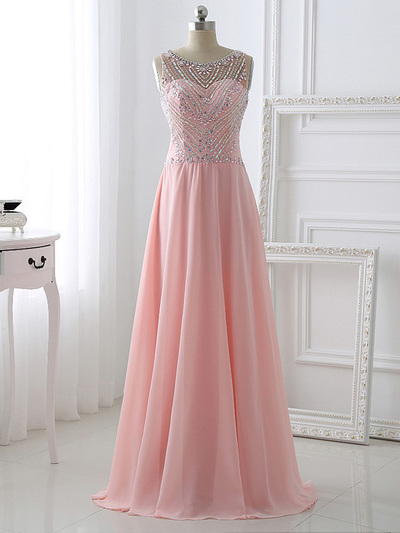 pink prom dresses,Pink A-line Scoop Floor-length Chiffon Evening Dress Prom Dresses 9605