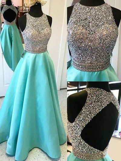 blue prom dresses,Blue A-line Scoop Floor-length Satin Evening Dress Prom Dresses 9611