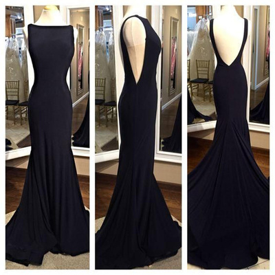 open back prom dresses,Black Trumpet Mermaid Bateau Sweep Brush Train Chiffon Evening Dress Prom Dresses 9612