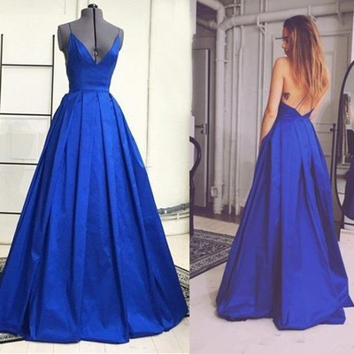 backless prom dresses,Royal Blue A-line Spaghetti Straps Floor-length Satin Evening Dress Prom Dresses 9614