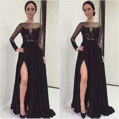 Black prom dresses with slit and long sleeves pst0690