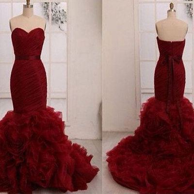 Burgundy prom dresses,burgundy trumpet mermaid sweetheart sweep brush train tulle evening dress prom dresses 9649