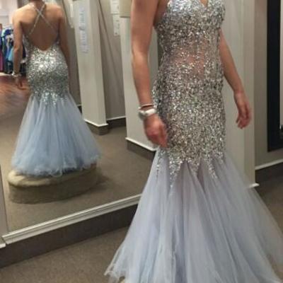 Sexy v-neck backless mermaid tulle handmade sequins 2016 prom dresses,formal dresses,beading evening dresses 