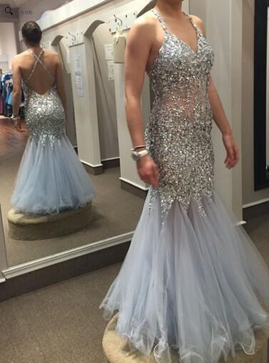 Sexy V-neck Backless Mermaid Tulle Handmade Sequins 2016 Prom Dresses,Formal Dresses,Beading Evening Dresses 