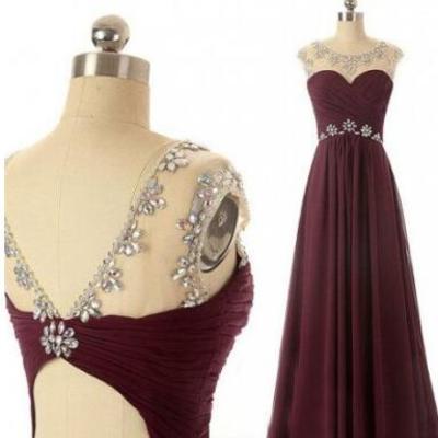 Wine red scoop sweep train open-back chiffon long prom dress evening gowns 