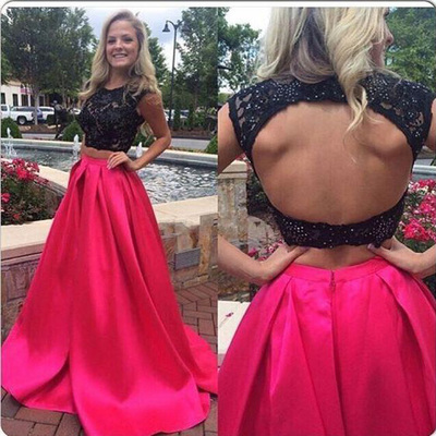 two piece prom dresses,Fuchsia A-line Scoop Floor-length Elastic Woven Satin Evening Dress Prom Dresses 9652
