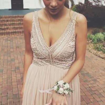 Sexy hot selling a-line v-neck prom dress floor-length chiffon beading blush pink evening/prom/homecoming dress