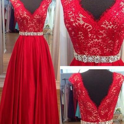 Love elegant lace v-neck long red prom dresses,lace evening dresses,formal dresses