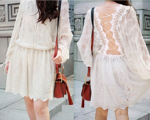 White Back Cross Lace Dress