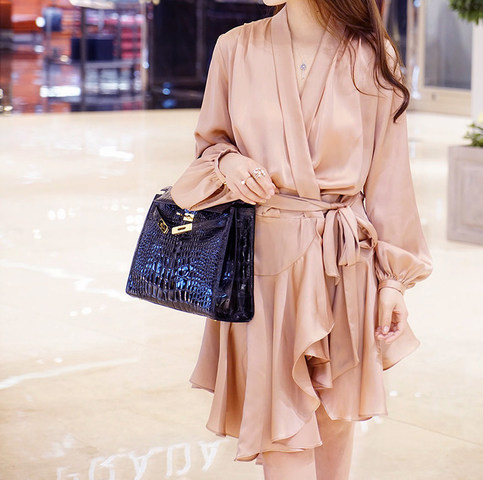 Sueded Silk Robe Dress With Self Tie Belt