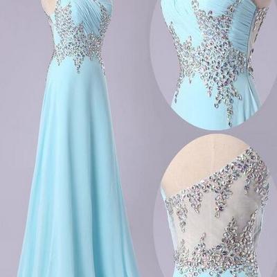 Illusion back light sky blue long chiffon prom dresses,simple hot-selling a-line beading one-shoulder prom dress