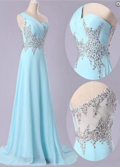 Illusion Back Light Sky Blue Long Chiffon Prom Dresses,Simple Hot-selling A-line Beading One-shoulder prom dress