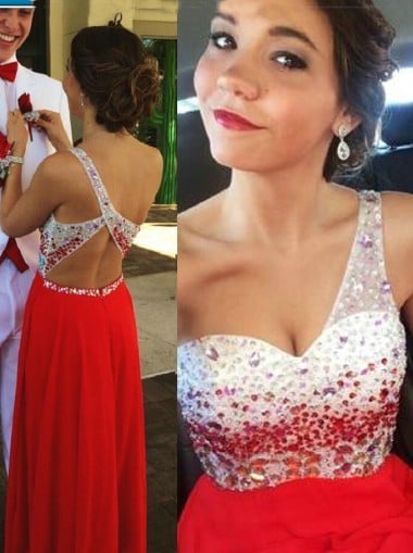 New Elegant One Shoulder Backless Chiffon Long Red Prom prom dress,cheap Evening Dress With Beading