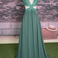 dark green prom dresses,Dark Green A-line V-neck Floor-length Chiffon Evening Dress Prom Dresses 9694 - Thumbnail 1