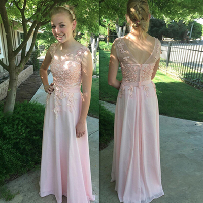 pearl pink prom dresses,Pearl Pink A-line Scoop Floor-length Chiffon Evening Dress Prom Dresses 9707