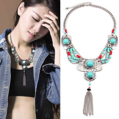 Bohemia Sweater Chain Tassel Necklaces Turquoise Chain