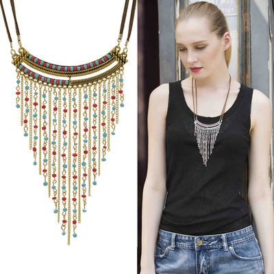 Multilayer Long Sweater Chain Tassel Necklaces Turquoise Chain