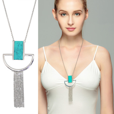 Long Sweater Tassels Chain Turquoise Necklaces Women Fashion Chain