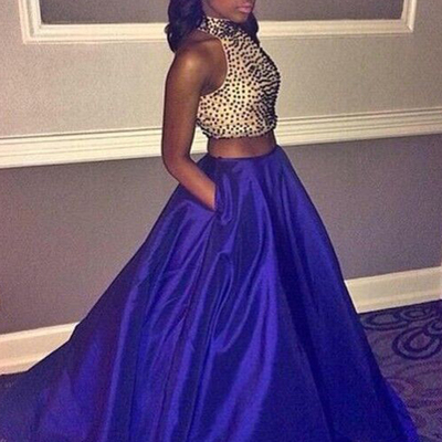 Different prom dresses,royal blue a-line high neck floor-length satin evening dress prom dresses 9709