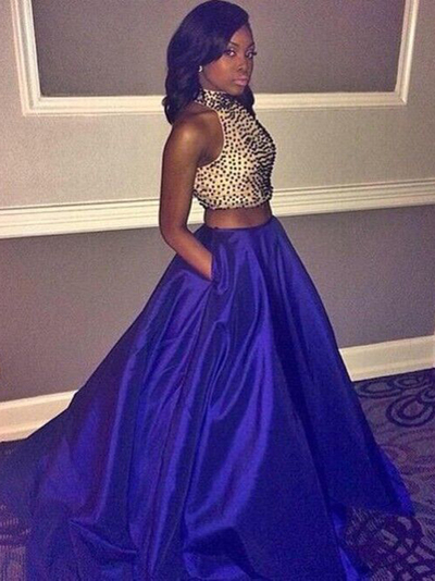 different prom dresses,Royal Blue A-line High Neck Floor-length Satin Evening Dress Prom Dresses 9709