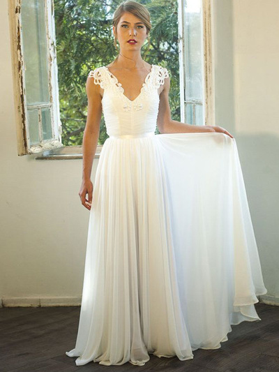 white prom dresses,White A-line V-neck Floor-length Chiffon Evening Dress Prom Dresses 9715