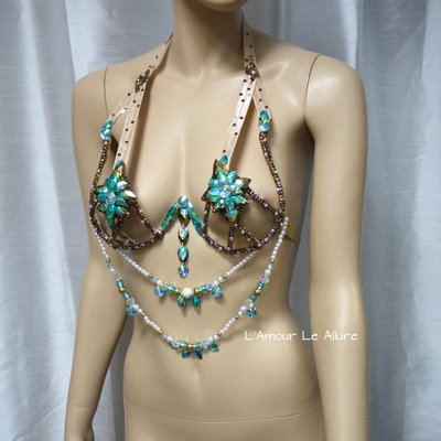 Turquoise and gold rihanna diamond samba bra cosplay dance costume rave bra halloween burlesque show girl - Thumbnail 4