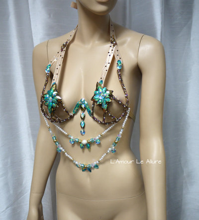 Turquoise and Gold Rihanna Diamond Samba Bra Cosplay Dance Costume Rave Bra Halloween Burlesque Show Girl